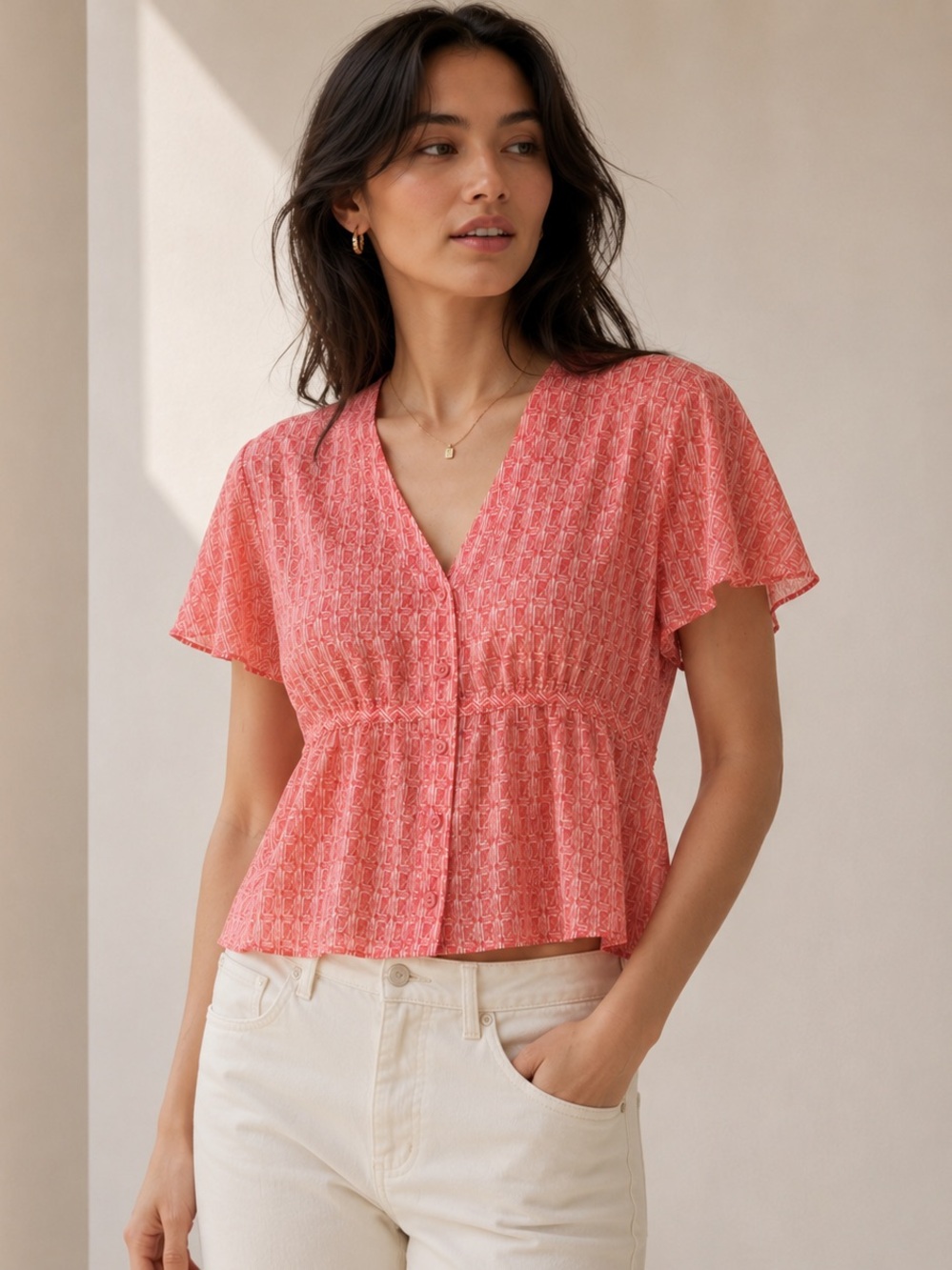 Coral Geometric Print Sheer Empire Waist Button Front Blouse